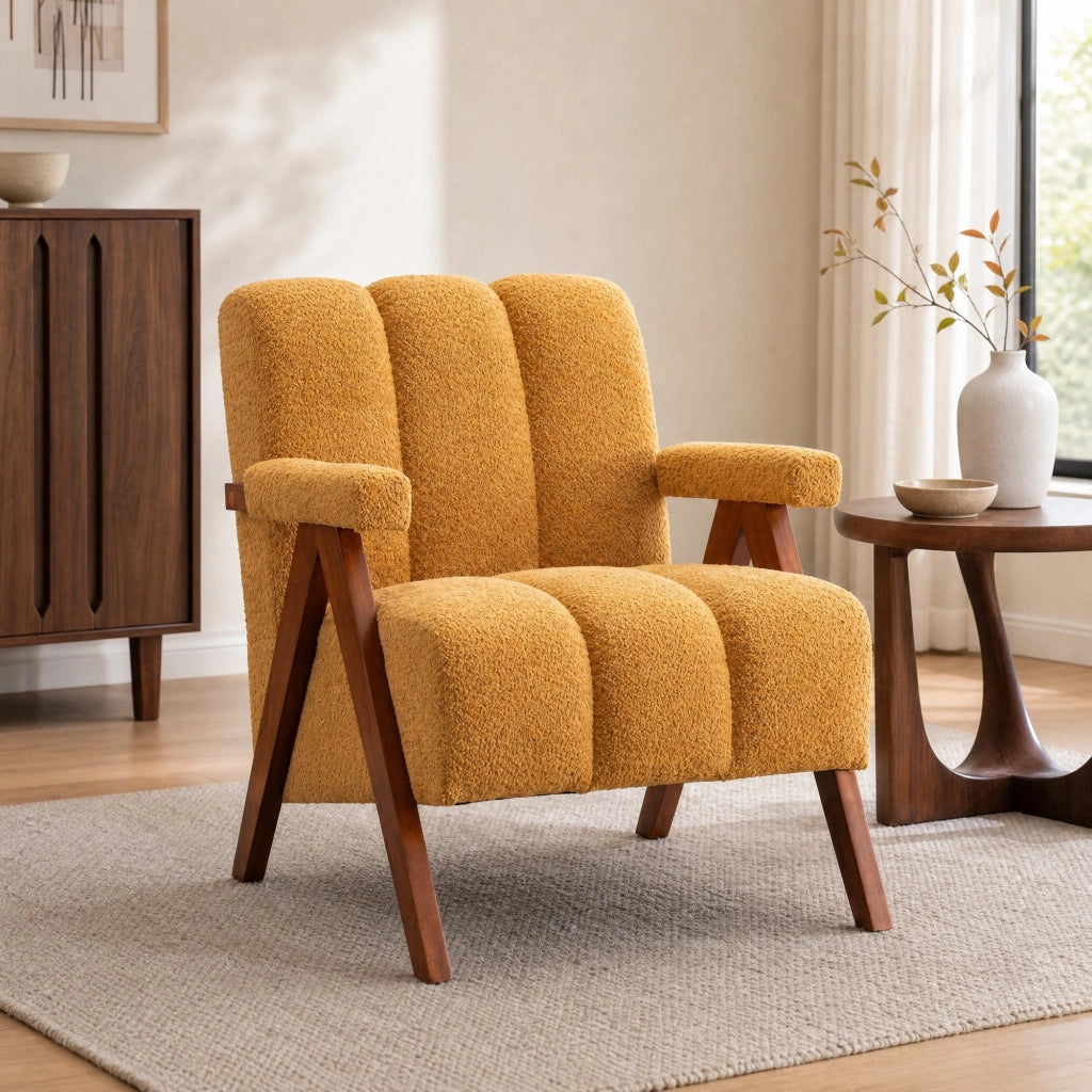 POLTRONA Bouclé Gialla 68x61x35 cm in Legno Massello di Quercia