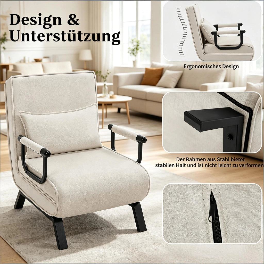Poltrona letto pieghevole 3 in 1 con schienale regolabile a 5 posizioni, senza materasso, beige per piccoli spazi