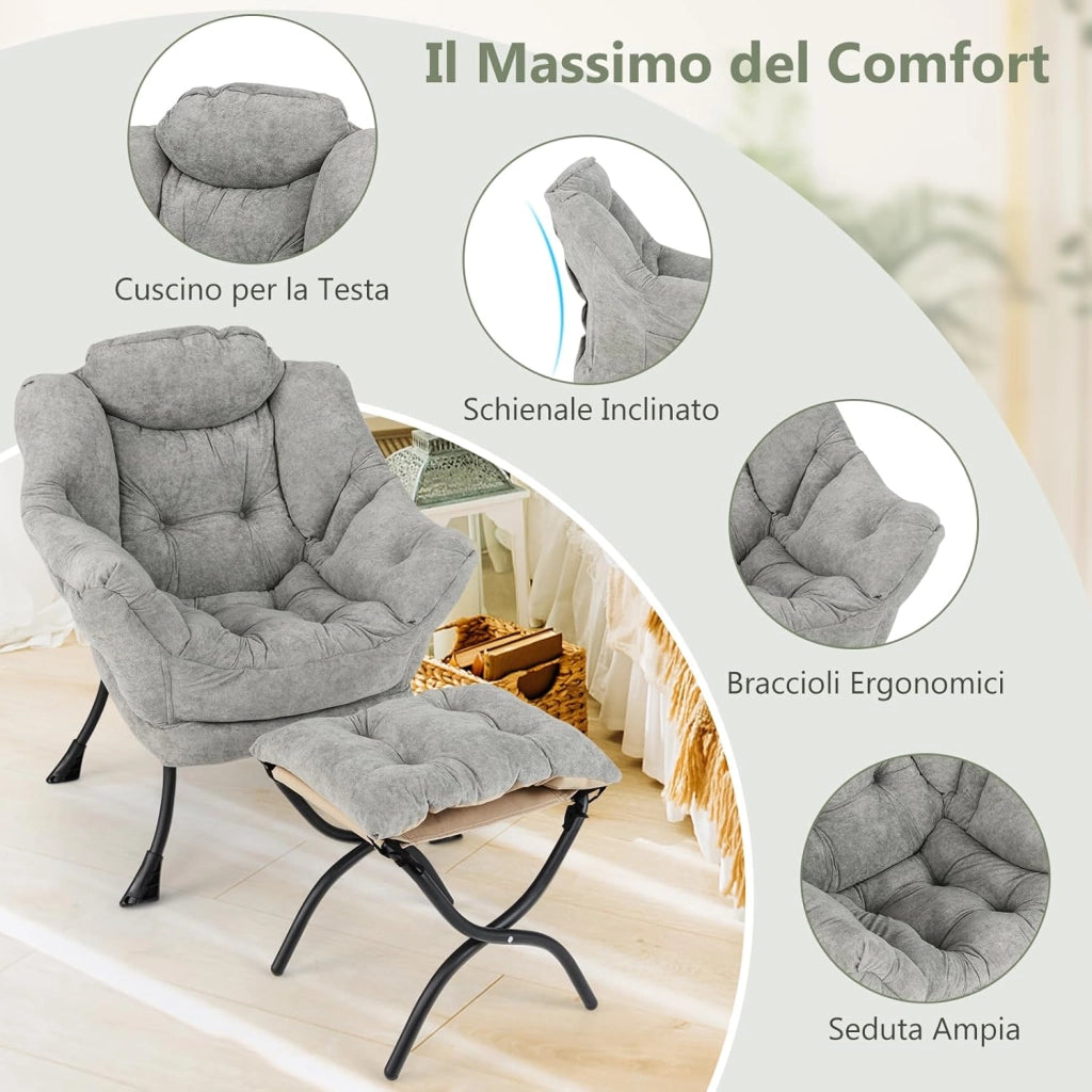 Poltrona Relax, Poltrona da Lettura con Cuscino per Testa, Sedia da Salotto con Poggiapiedi Pieghevole, Tasca Laterale, per Soggiorno, Camera da Letto, Portata 136 kg