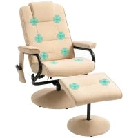 Poltrona Relax con Pouf Poggiapiedi Reclinabile a 145° con 10 Punti Massaggio e Telecomando in Finta Pelle, Crema
