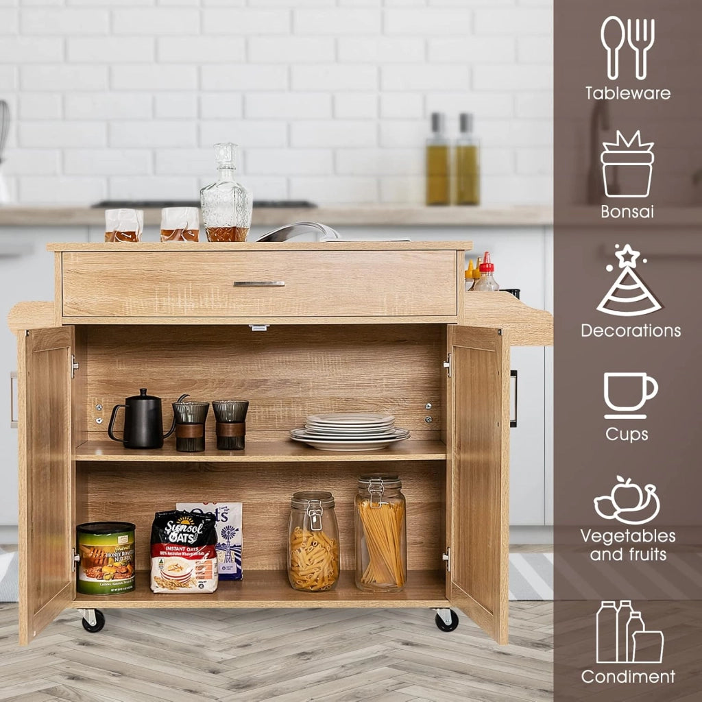 Carrello da Cucina, Credenza Mobile con Cassetto, Anta Doppia, Portaspezie e Portasciugamano, Ripiani Regolabili, Ruote con Freni, Portata di 50 kg, 116x40x85 cm, 4 Colori (naturale)