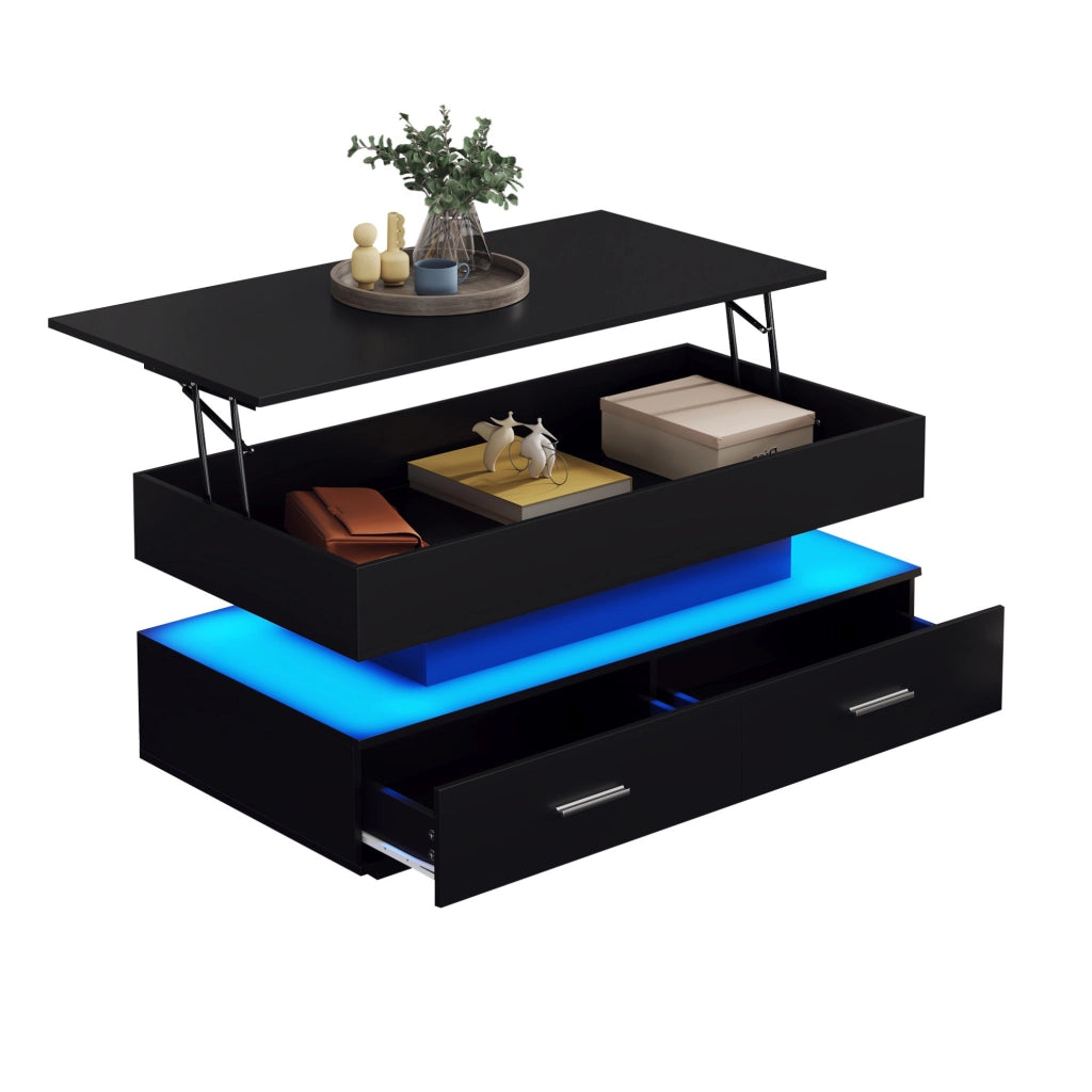Tavolino da caff猫 100x50x44 cm; alzata idraulica con LED e vani contenitore; truciolare nero