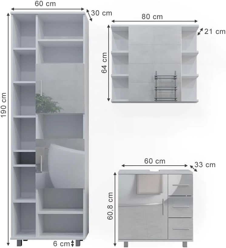 Set mobili bagno Ilias, Bianco lucido, 60 cm, composto da mobile sottolavabo, specchiera e colonna alta