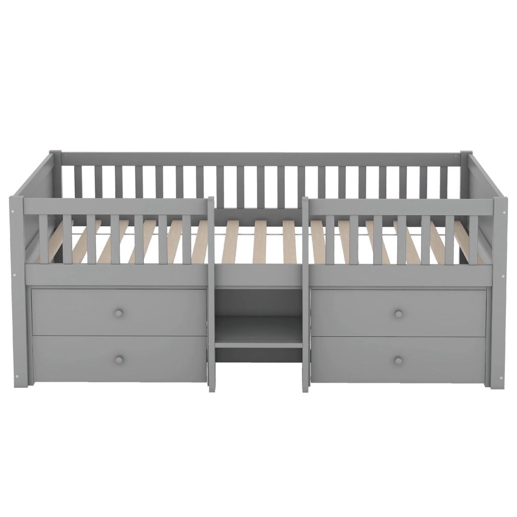 LETTO Semialto 90x200 cm Grigio con 4 Cassetti, Scala e Grembiule di Sicurezza