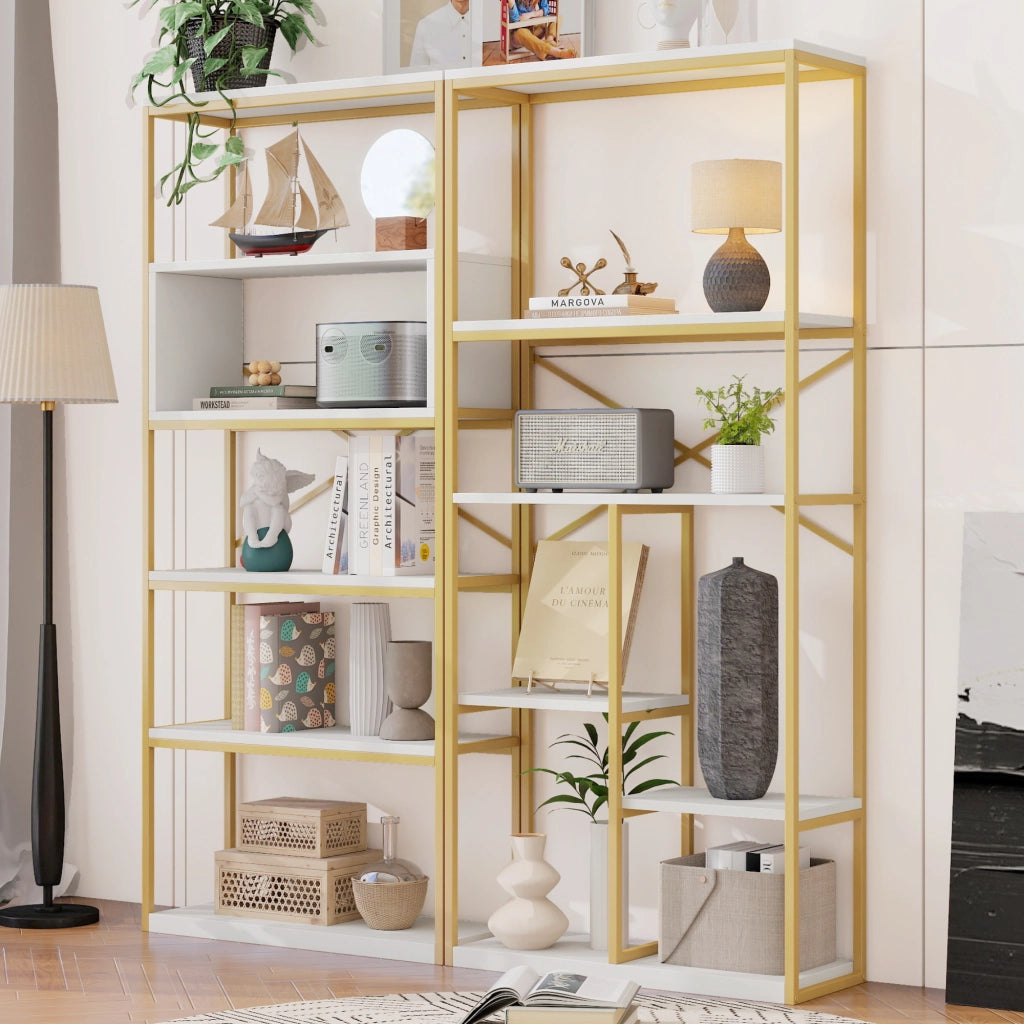 Libreria moderna 160 x 29,5 x 180 cm in MDF e metallo, struttura rettangolare stabile, finitura oro e bianco