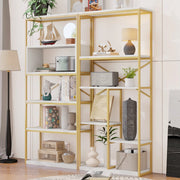 Libreria moderna 160 x 29,5 x 180 cm in MDF e metallo, struttura rettangolare stabile, finitura oro e bianco
