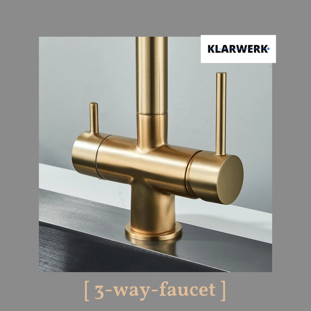 Lana | Rubinetto allungabile nero oro a 3 vie |Miscelatore cucina per acqua potabile in acciaio inossidabile - Girevole a 360° | Filtra 3 connessioni