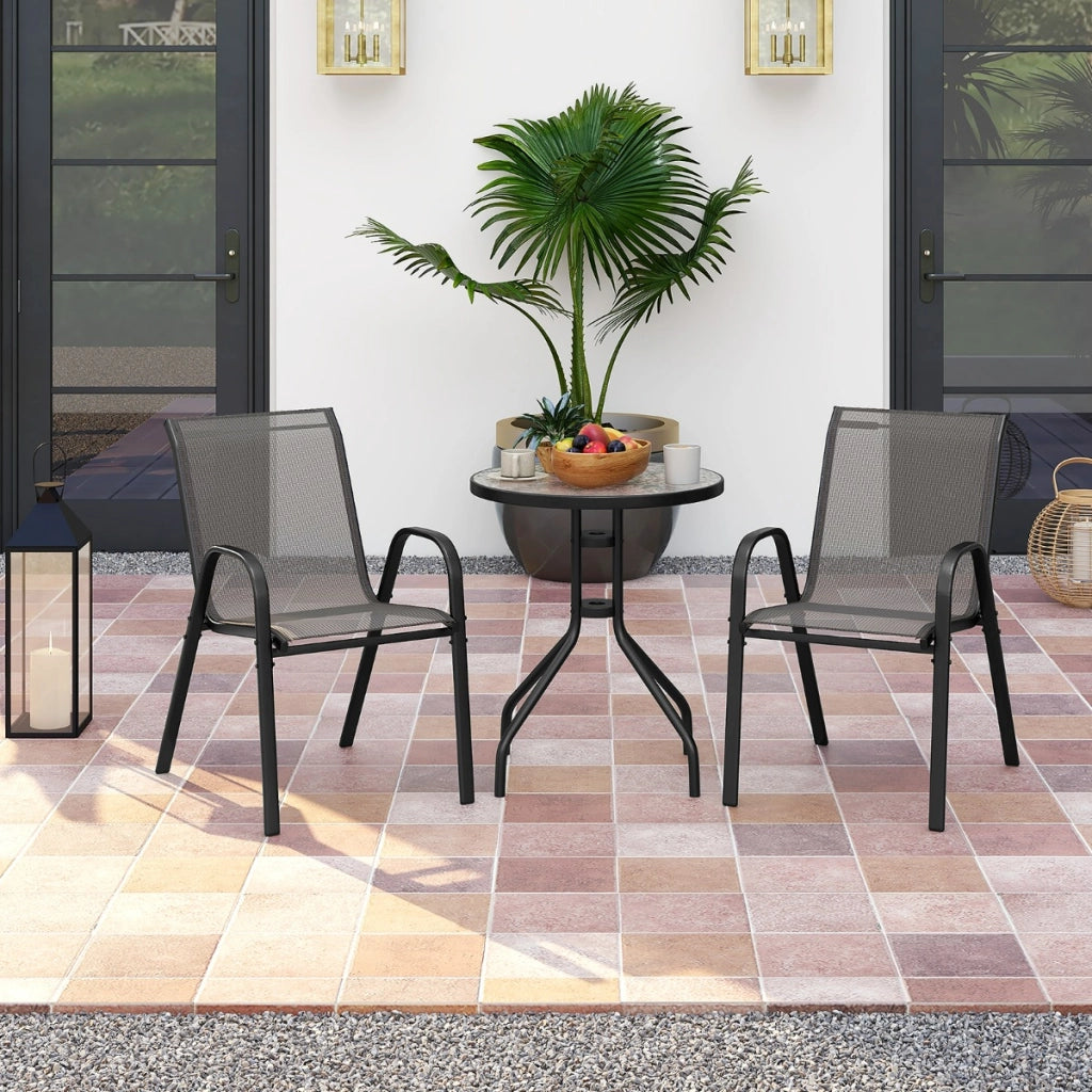 Set bistrot da esterno 3 pezzi, Tavolino rotondo con 2 sedie impilabili piano tavolo in vetro temperato Grigio-Set mobili da esterno