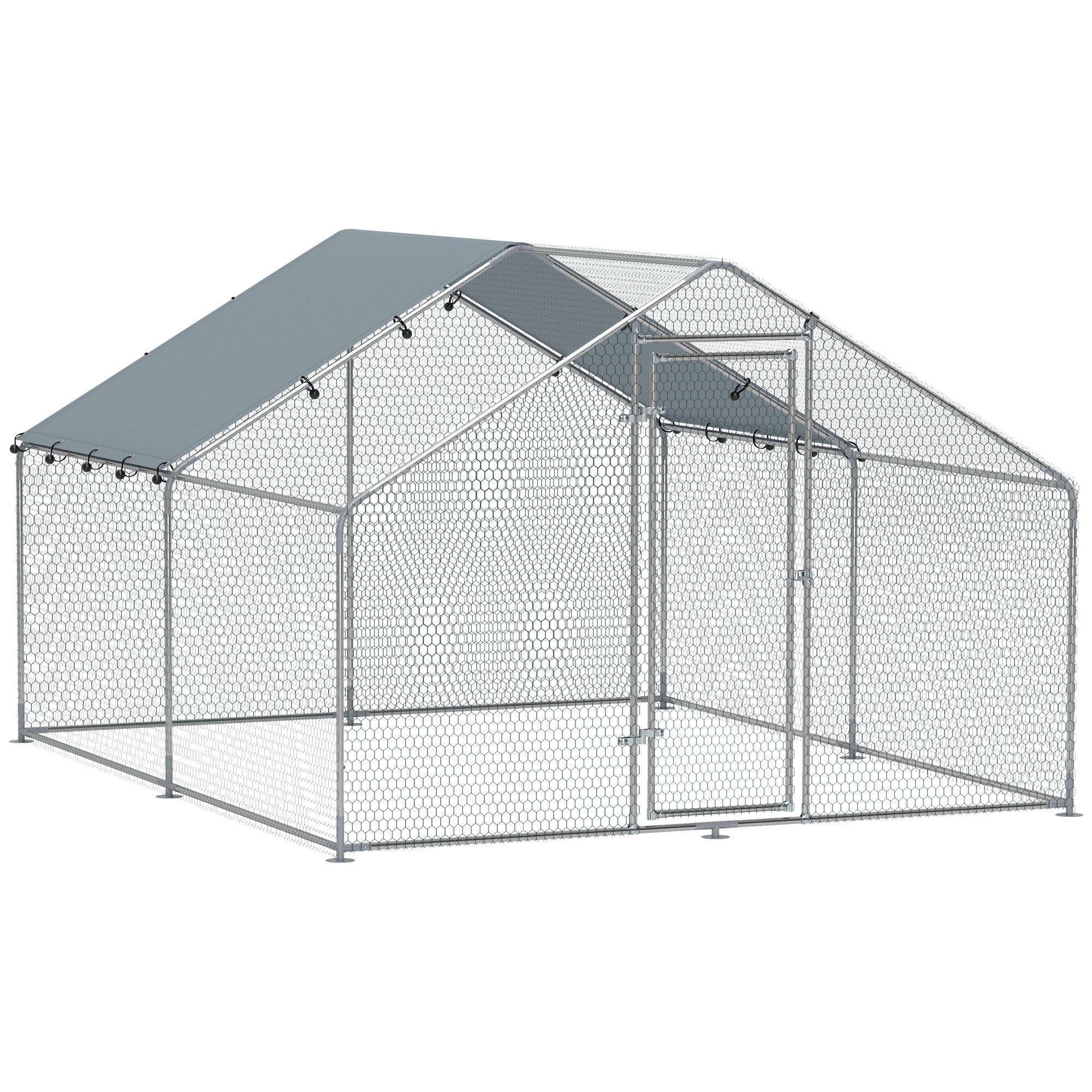 Recinto per Galline da 10 mq 300x340x190 cm per 10-15 Galline con Tetto Impermeabile in Acciaio e Tessuto Argento