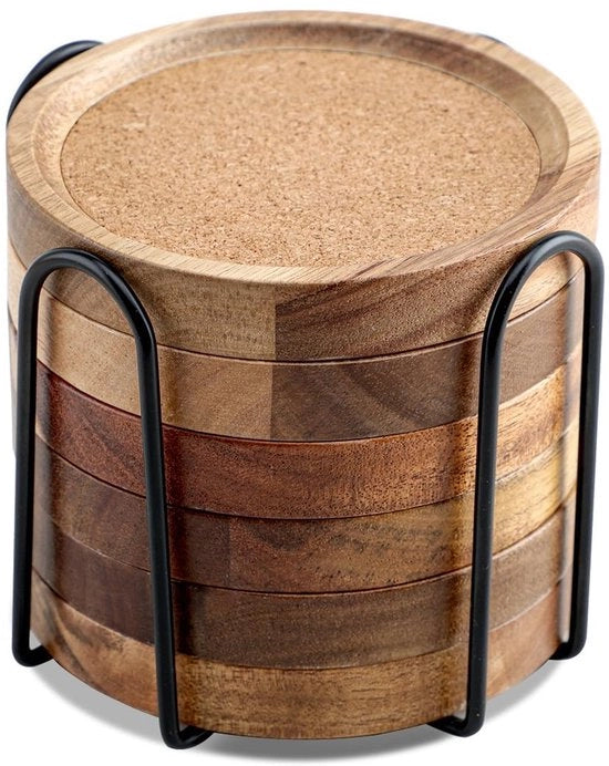Onderzetters in legno per bicchieri Set di 6, 10,5 cm Onderzetters per bicchieri con assorbimento di urto con cassetta, Onderzetters per bicchieri per bevande, bar, bicchieri, bicchieri