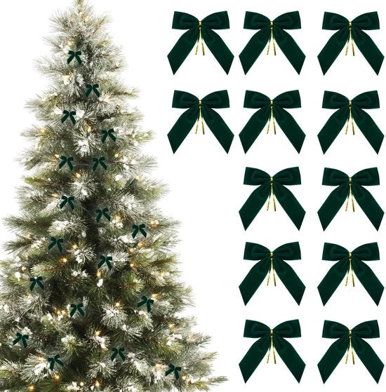 12 decorazioni per albero di Natale, nastri verdi per albero di Natale, nastri di velluto per corone, decorazioni per artigianato, decorazioni per regali (9x9,5cm)