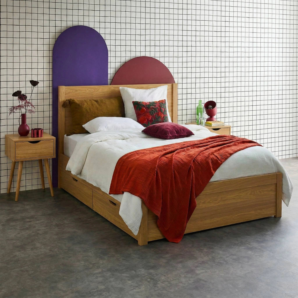 Letto con rete a doghe e testiera 140x190cm + 4 cassetti, marrone