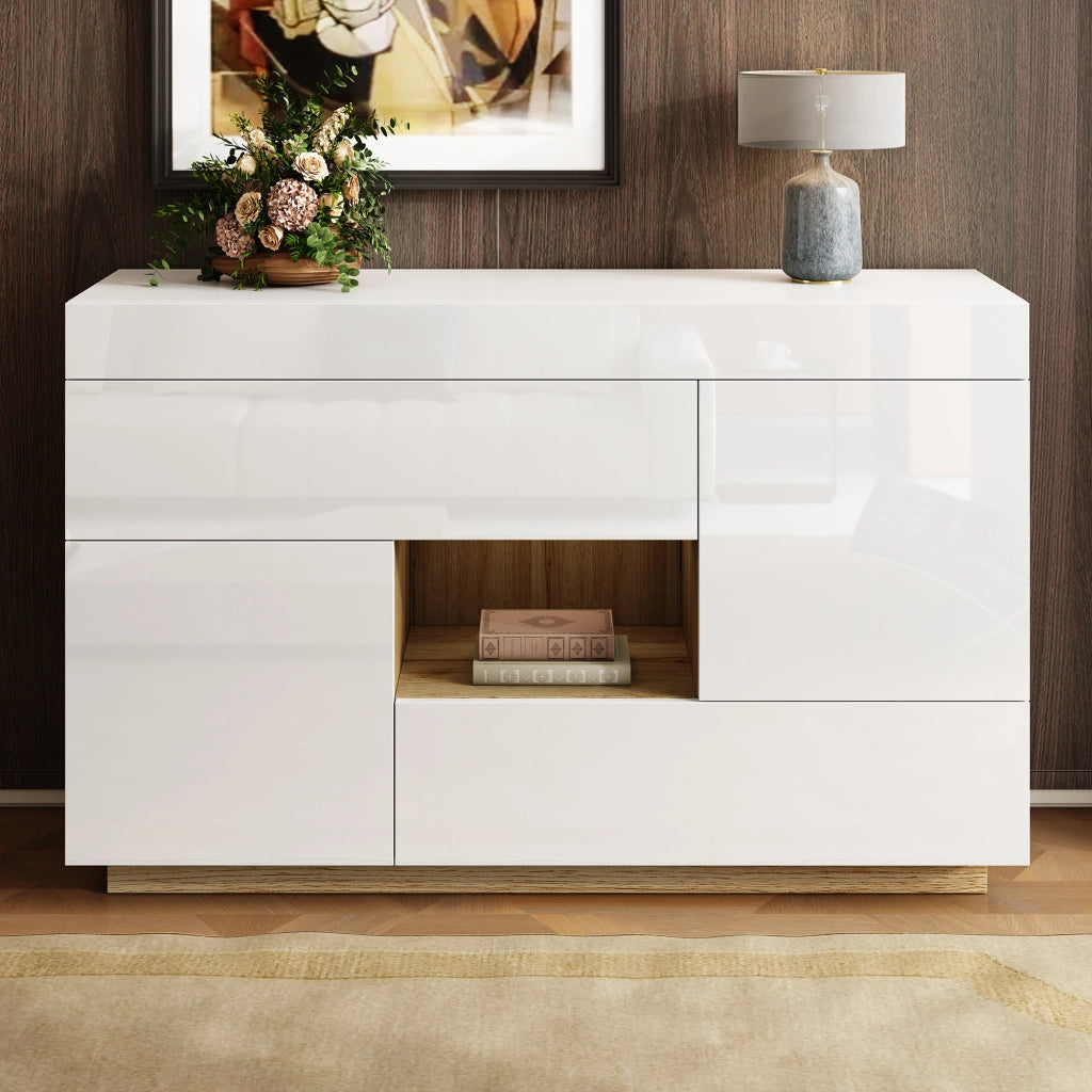 Madia con 2 Ante; 2 Cassetti e 1 Vano a Giorno; LED 16 Colori con App; Bianco Lucido ed Effetto Legno; 120??37??76;5 cm