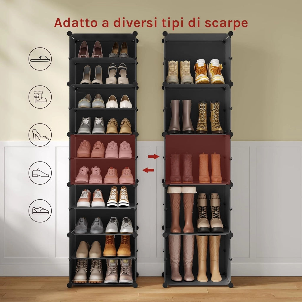 Scarpiera da Ingresso, Porta Scarpe con 10 Scomparti, Scarpiera Modulare per 40 Paia di Scarpe, Contenitore per Scarpe con Porte, in Plastica e Metallo, Bianco + Nero, 35x35x45cm/Scomparto