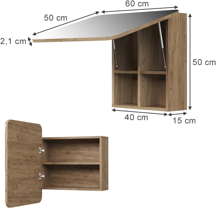 Specchio contenitore bagno Zino, Quercia dorata, 60 x 50 cm con ripiani