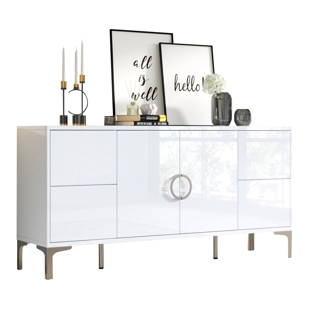 Sideboard 150 ¡Á 38 ¡Á 59,5 cm, bianco lucido, con 4 cassetti e 2 ante, struttura in MDF e piedi in metallo