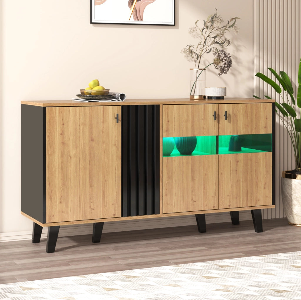 Sideboard 140x78,5x41 cm in legno e nero con LED, ripiani interni e porta a vetro