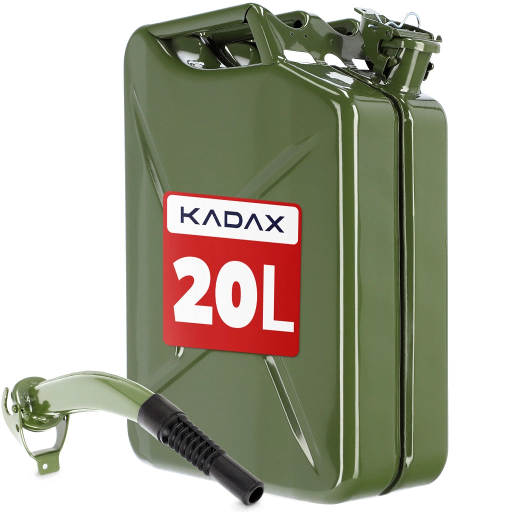 Tanica di carburante KADAX da 20 litri, contenitore per acqua e olio, in metallo + imbuto
