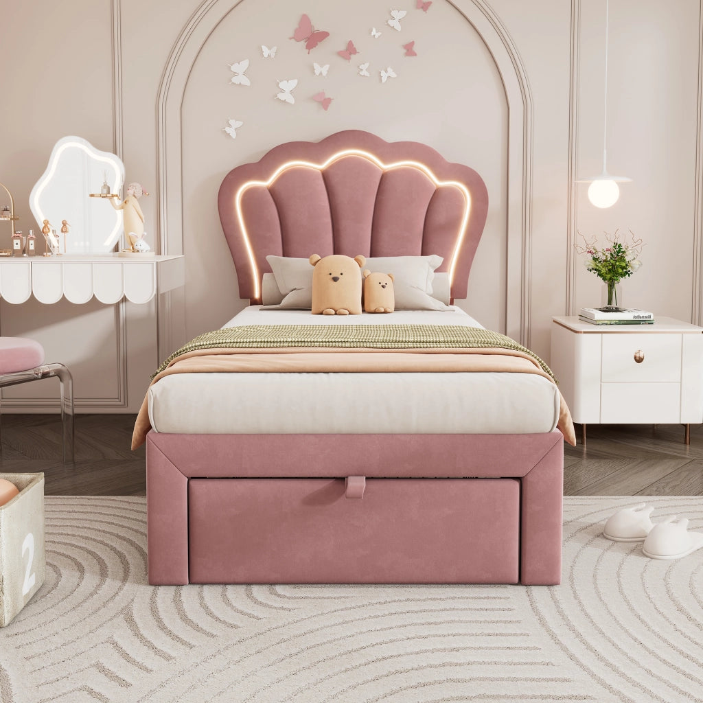 LETTO Singolo 90x200 cm in Velluto Rosa con LED, testiera regolabile e cassetto