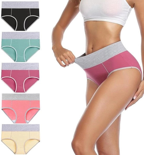 5 pacchi di slip comodi per donne, alta cintura, slip di cotone robusto per il sollevamento delle anche e l'assottigliamento della vita, (Giallo + Nero + Verde chiaro + Rosso scuro + Arancione)-3XL