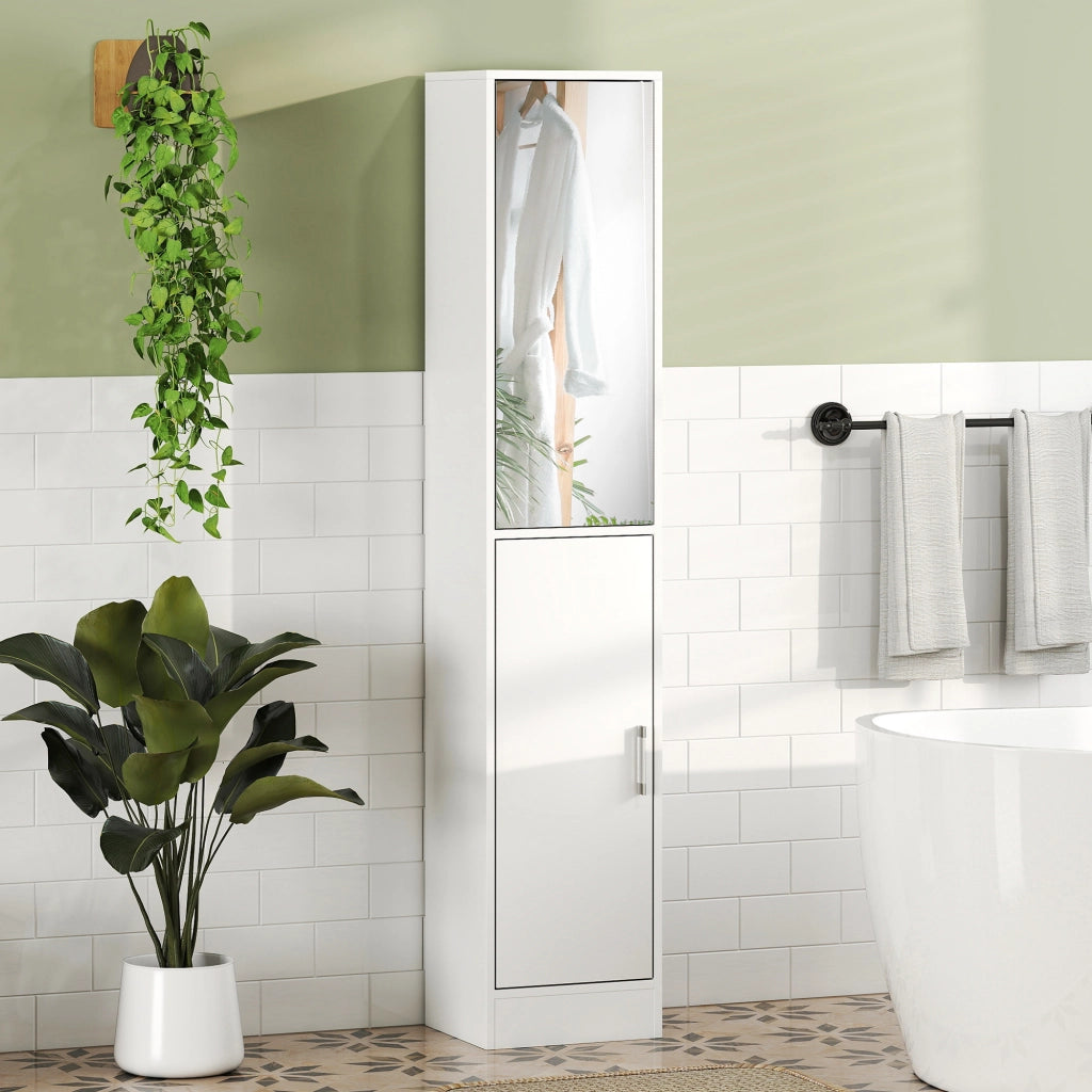 Mobile Colonna Bagno in Legno a 5 Ripiani con Anta a Specchio Apribile, 32x28x162 cm, Bianco