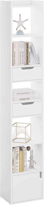 Libreria Verticale Autoportante, Scaffale Salvaspazio, Libreria Stretta e Alta, con 2 Cassetti, 6 Ripiani Aperti e 1 Scomparto con Anta, in Legno, Bianca, SK042ws