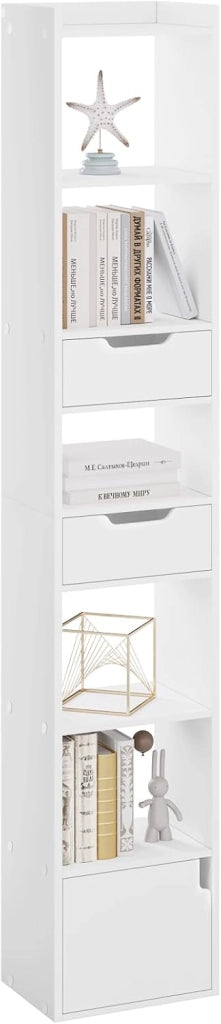 Libreria Verticale Autoportante, Scaffale Salvaspazio, Libreria Stretta e Alta, con 2 Cassetti, 6 Ripiani Aperti e 1 Scomparto con Anta, in Legno, Bianca, SK042ws