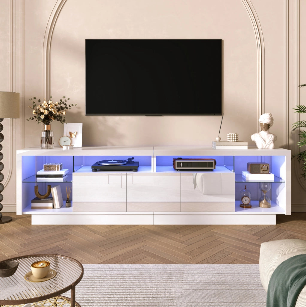 Mobile TV 200x38x55 cm con ante lucide; LED multicolore da app; in truciolare bianco