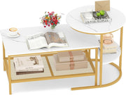 Set di Tavolini da Caffè Componibili, 2 in 1 Set di Tavoli Rimovibili con Piano in Marmo Sintetico, Tavolino Rotondo e Tavolino Rettangolare per Salotto e Camera da Letto (Oro)
