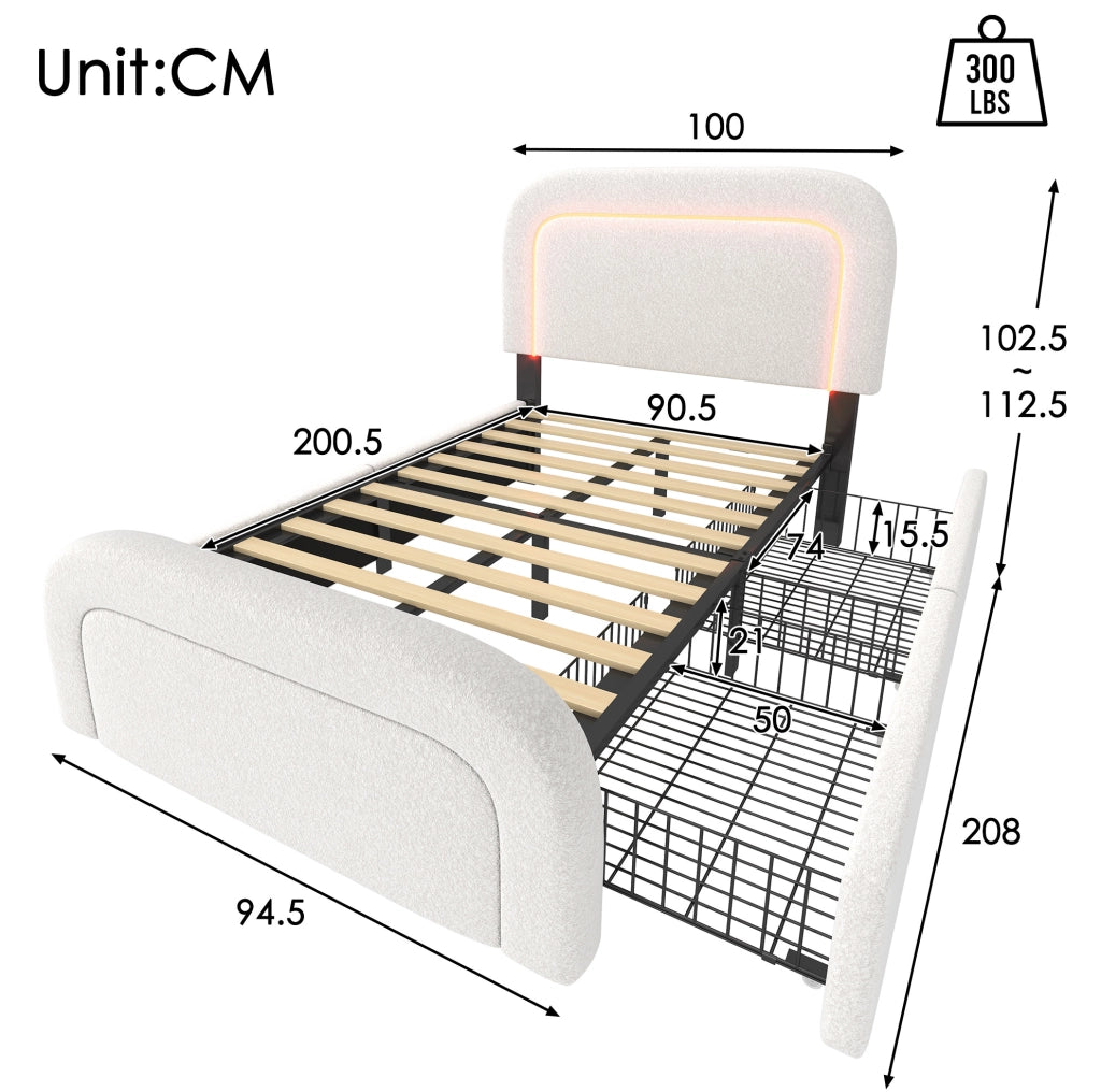 Letto singolo imbottito 90x200 cm in Sherpa bianco con USB Type-C; LED; 2 cassetti e materasso