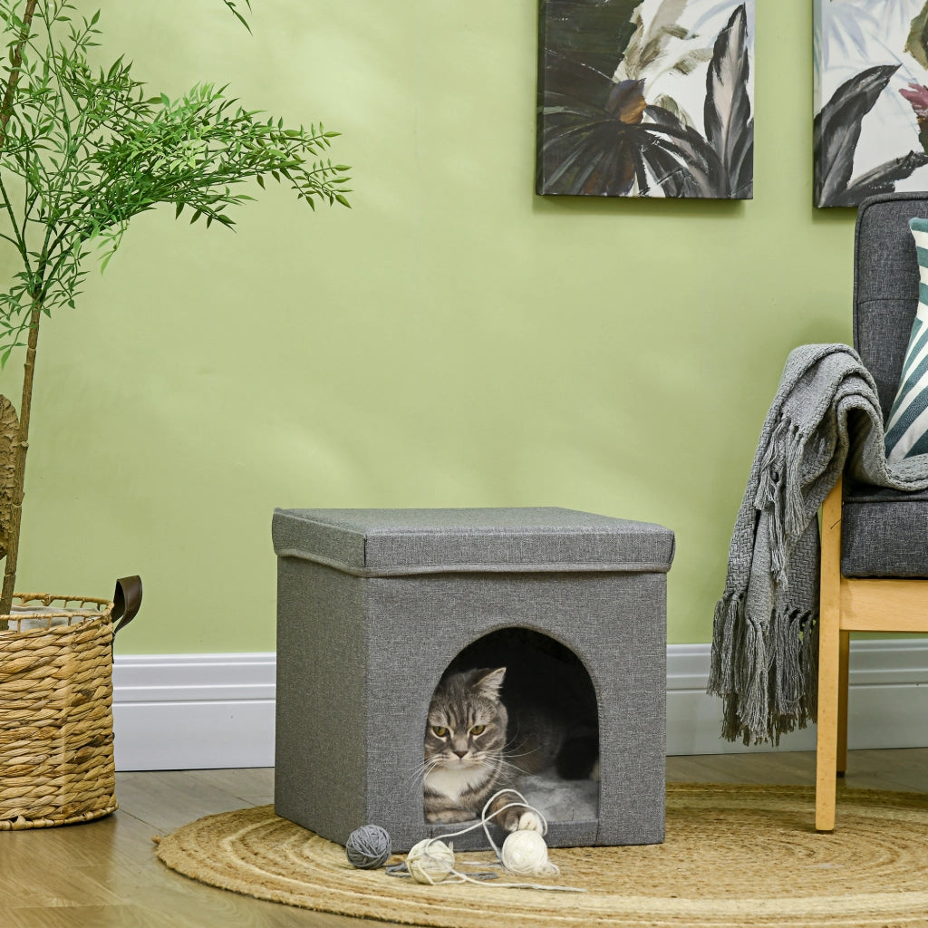 Casetta per Gatti Pieghevole a Cubo con Cuscino e Tappetino Tiragraffi. 36.5x36.5x36.5 cm. Grigio