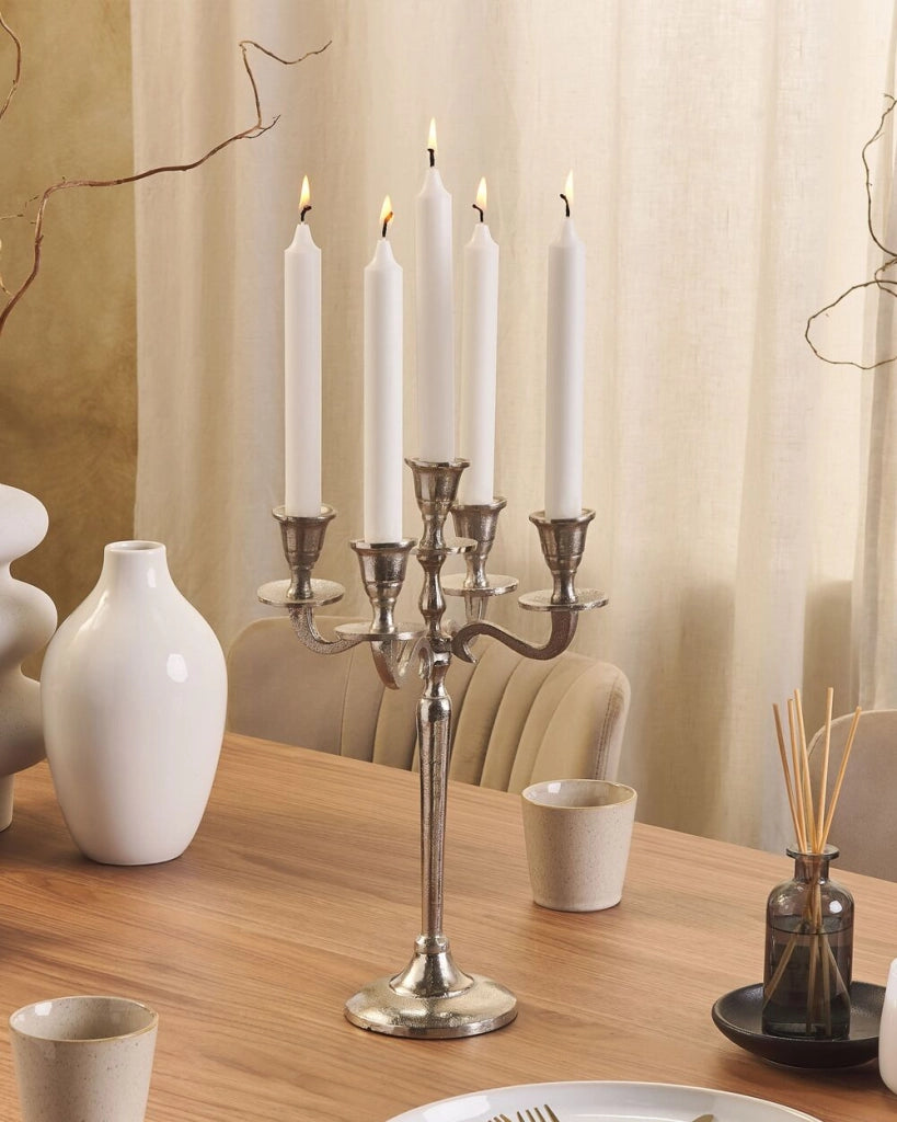 Candelabro Argento Metallo 5 Candele Tradizionale Vintage Fatto A Mano Sala Da Pranzo Camera Da Letto