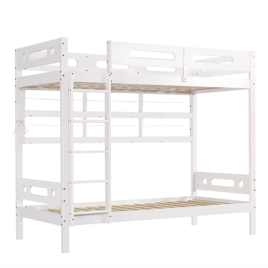 Letto a Castello Singolo con Ripiani e Scala ¨C MINIMAL ¨C Pino e MDF, Bianco, 90x200