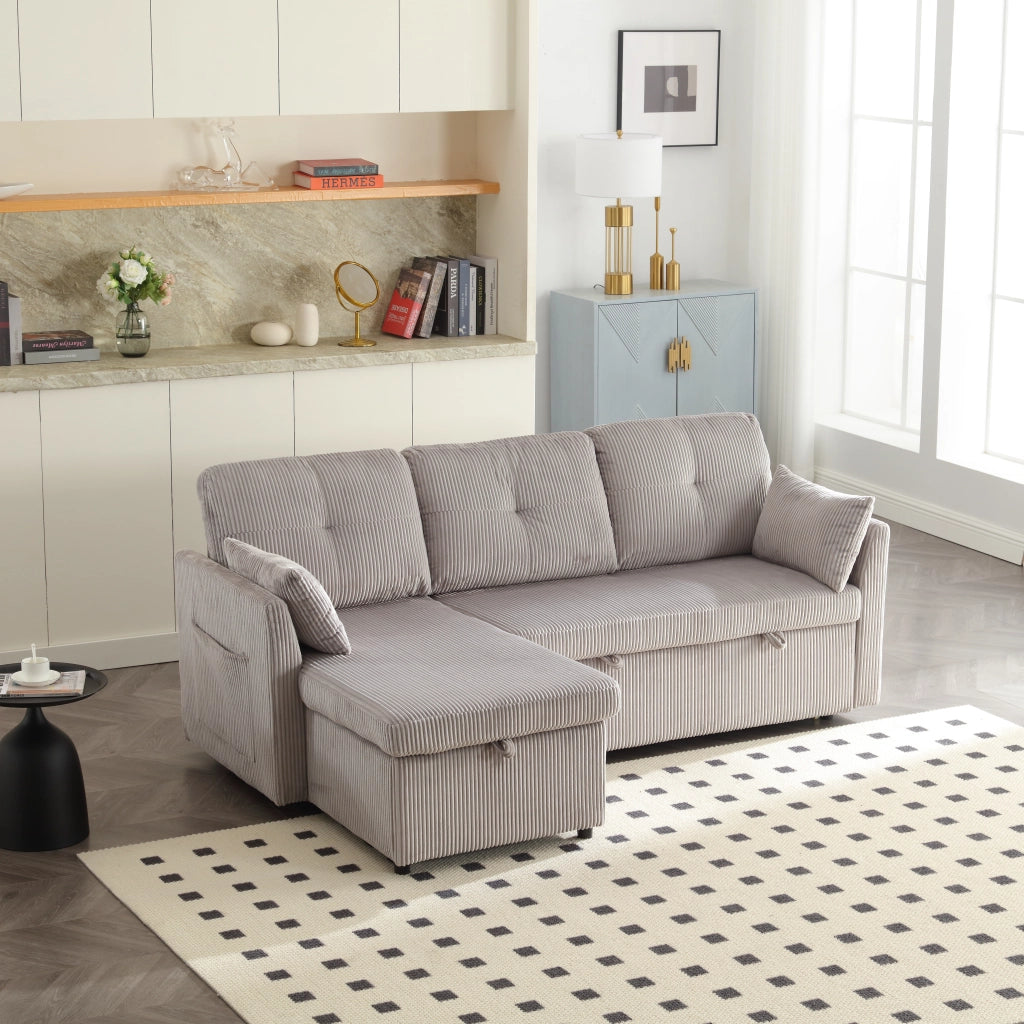 Divano letto modulare con chaise longue reversibile, contenitore e tessuto in corduroy grigio chiaro