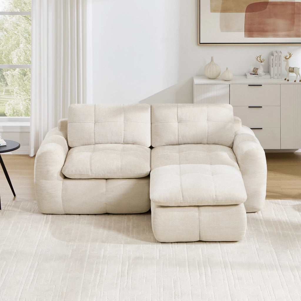 Divano modulare 2 posti con pouf - con seduta ergonomica e struttura sfoderabile in chenille beige