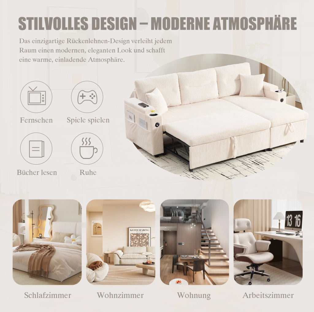 Divano 3 posti in tessuto corduroy beige con chaise longue idraulica; letto estraibile e USB-C