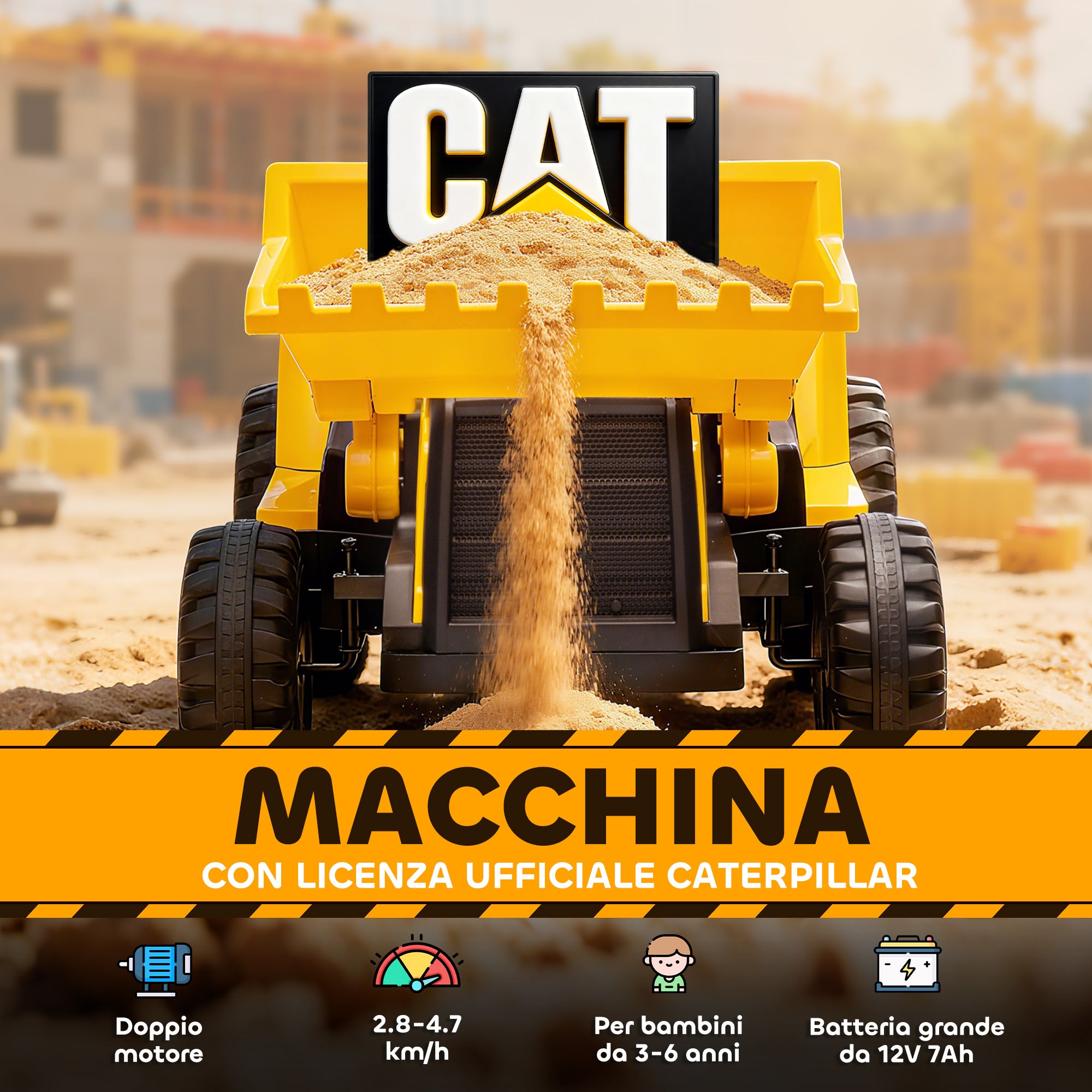 Ruspa Elettrica per Bambini 3-6 Anni Marchio Ufficiale Caterpillar 12V con Telecomando Giallo