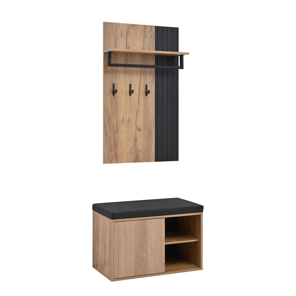 Mobile ingresso con scarpiera a 2 ante, 3 ganci e panca imbottita, 70 x 36 x 146 cm, nero e naturale