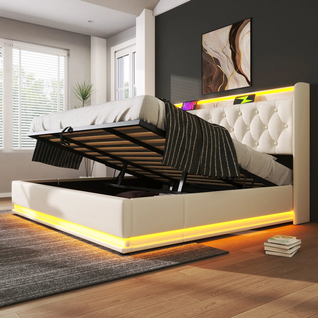 DESMIU Lit coffre 180 × 200 cm 2 places avec LED 360°, USB et Type-C, sans matelas, en PU, blanco