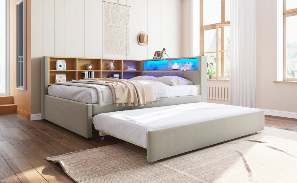 DESMIU Divano letto 140 × 200 cm 2 posti con LED, porte USB, Type-C e presa, senza materasso, in flanella, grigio chiaro