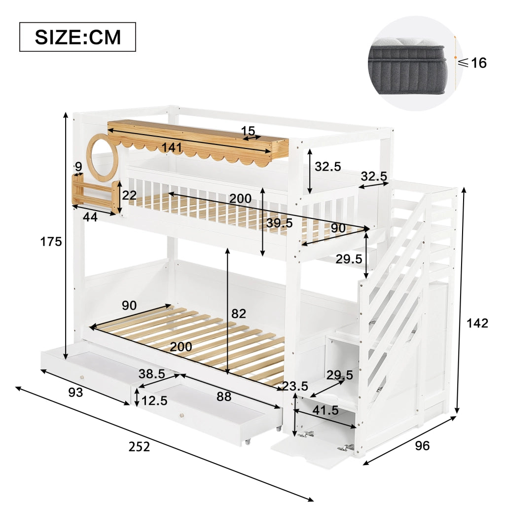 Letto a Castello 90x200 cm con Scala Contenitore; 2 Cassetti e Sponda in Legno