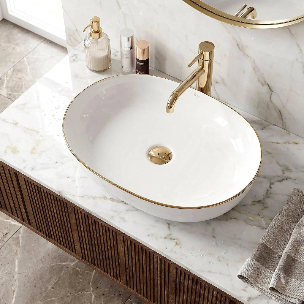 Lavabo Da Appoggio In Ceramica Rea Cleo White Gold Edge