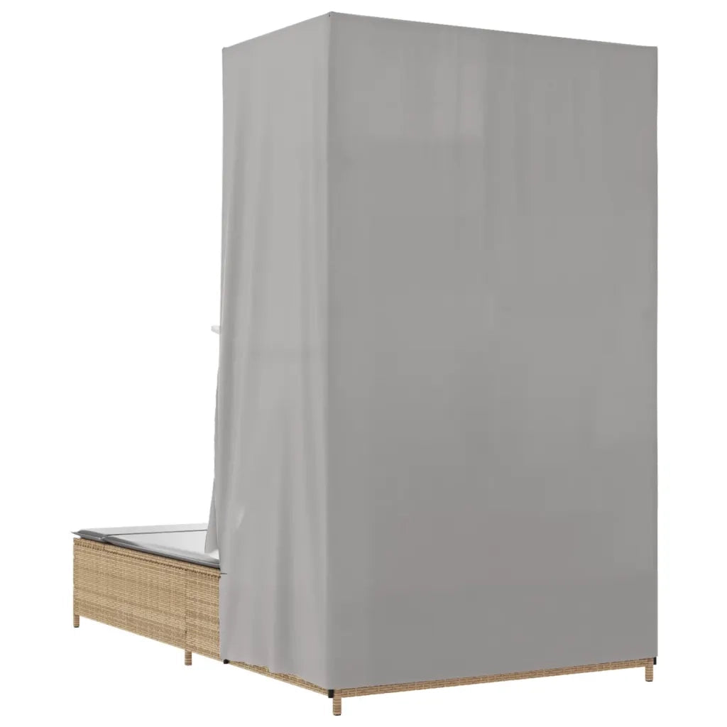 Lettino Prendisole | Sdraio da giardino | Lettino da sole con Tetto e Tende Beige in Polyrattan