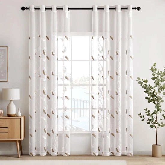 Voile gordino con occhielli tessuto a motivi di foglie trasparenti e decorazione a maglia set da 2 H 160 x B 140 cm tende moderne per soggiorno foglie marrone.