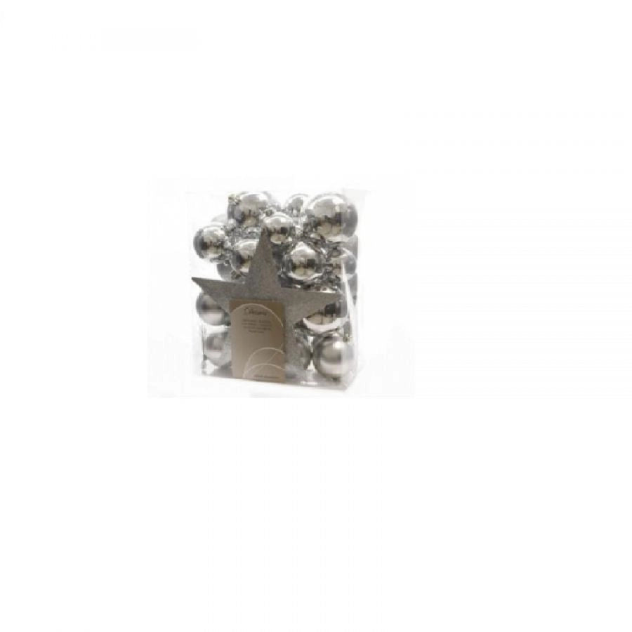 Box mix palline argento con puntale diam.8cm 33 pezzi