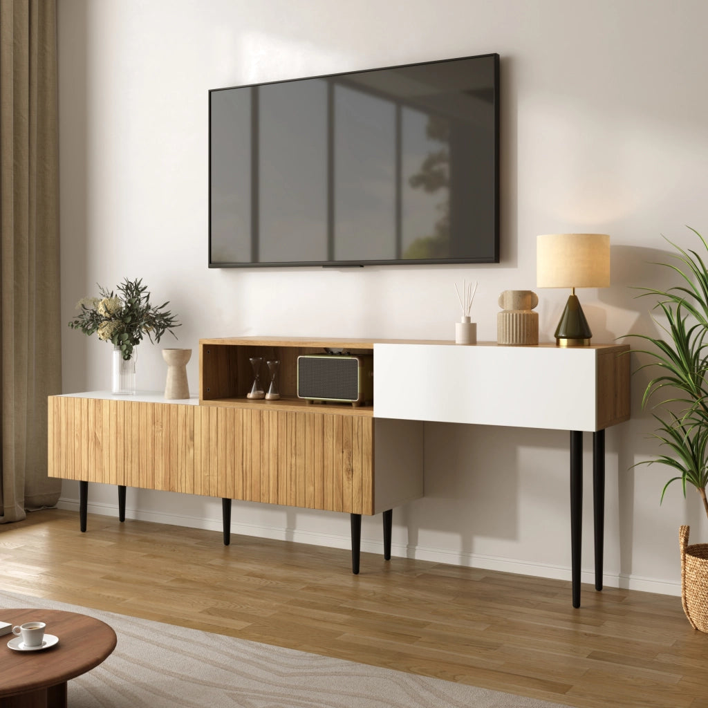 Mobile TV Modulare 2 Pezzi con 3 Ante a Ribalta e Passacavi; Stile Moderno; 240??30??63;5 cm; in MDF; Bianco e Legno