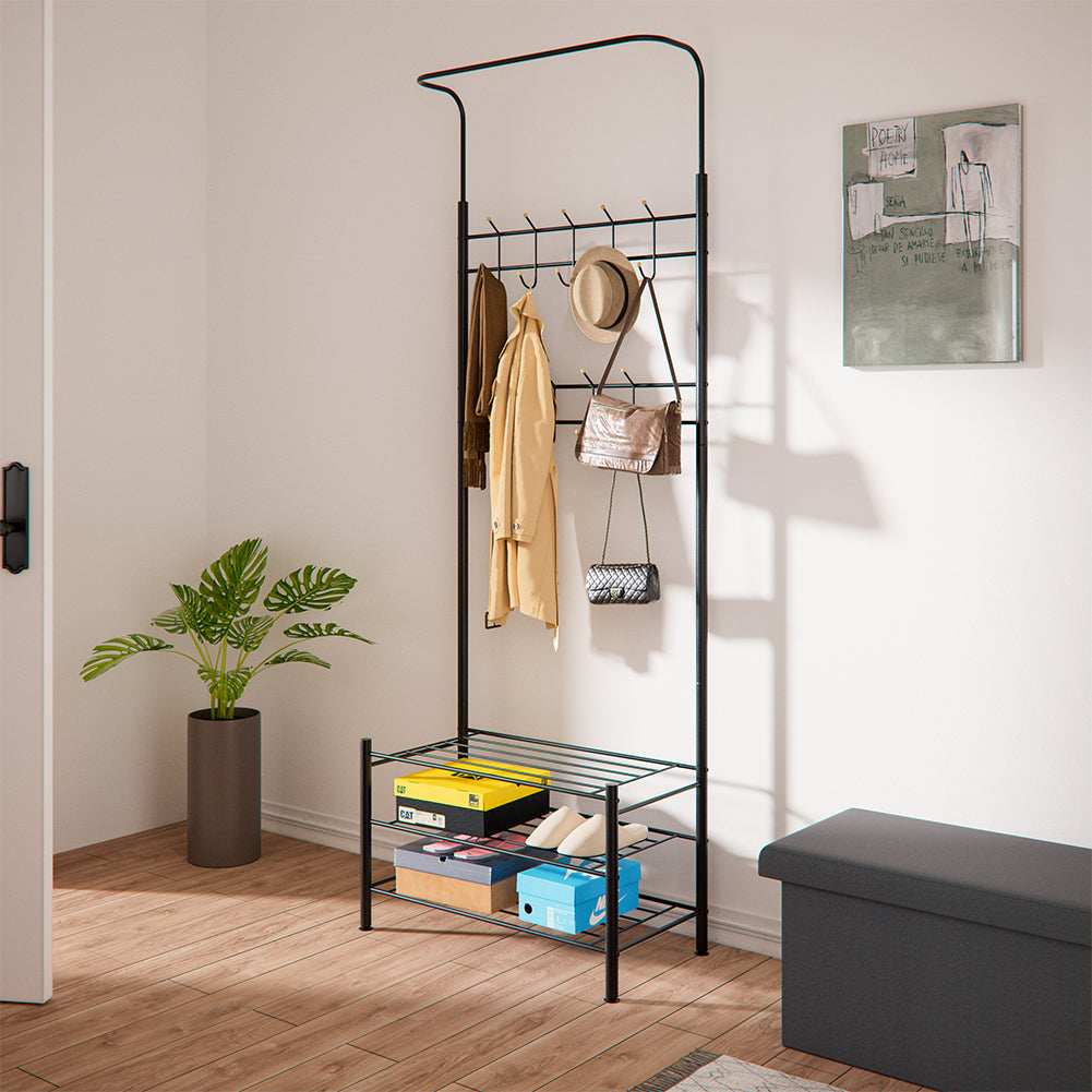 Stand Appendiabiti da Ingresso 9 Ganci con Scarpiera a 3 Ripiani in Metallo Nero