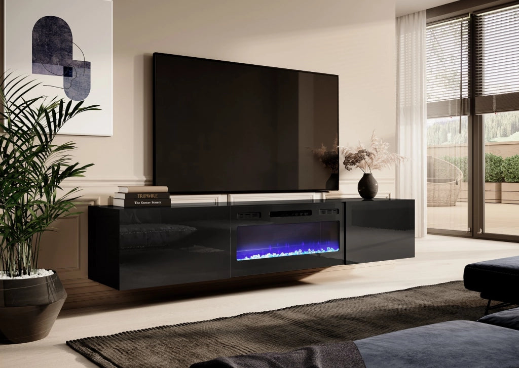 MOBILE TV CON CAMINETTO ELETTRICO Cm 200x40x37h NERO LUCIDO