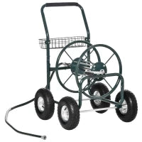 Carrello avvolgitubo d'irrigazione in metallo con impugnatura antiscivolo e Cestino Portaoggetti, Verde