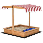EasyComfort Sabbiera per Bambini in Legno con Tettuccio Regolabile, Sedute e Vaschette, 107.5x107.5x100 cm